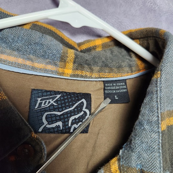 Fox Plaid Long Sleeve Flannel Shirt Mens Size L Blue Brown Gold - Picture 5 of 16